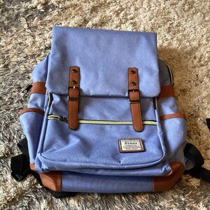 Kenox Blue Canvas Brown Faux Leather Trimmed Laptop Rucksack